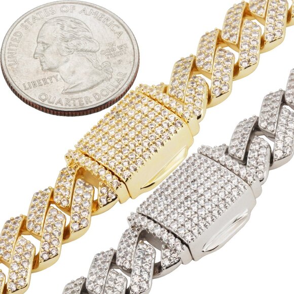 14k Yellow/White GP AAA CZ 12mm Cuban Link Chain Necklace Bracelet 8.5”-24”